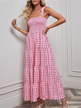 Pink Smocked Tie Strap Maxi Dress – Tiered Cottagecore Summer Dress